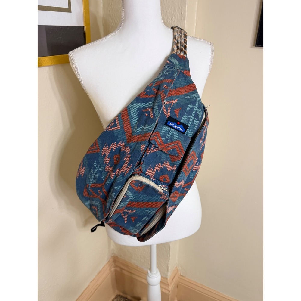 KAVU Rope Bag Blue Orange Southwestern Geometric Canvas Sling Backpack